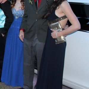 Navy blue + gold sequin floor length prom dress.